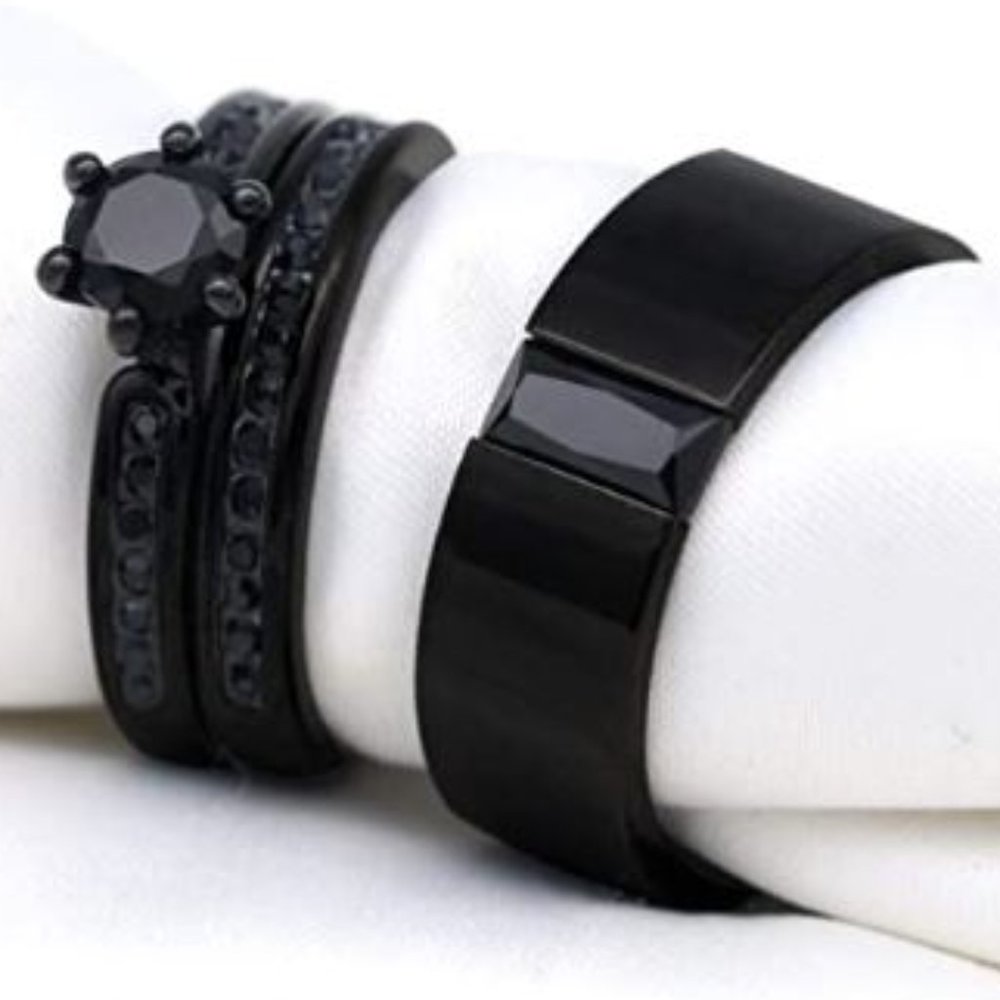 New His and Hers Matching Black Sapphire Wedding Rings 3piece Set Multiple Sizes